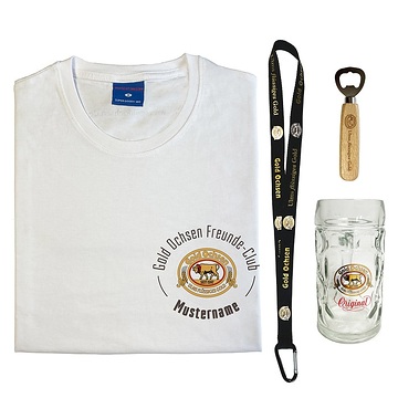 Zum Starterpaket gehören T-Shirt, Bierkrug, Flaschenöffner und Schlüsselband.